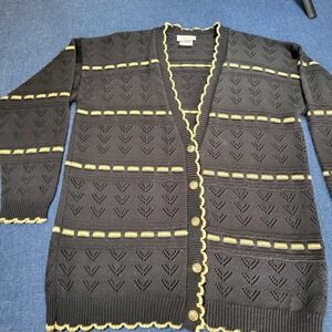 Vtg American Collection Black Gold Metallic Pointelle Knit Cardigan Sweater M